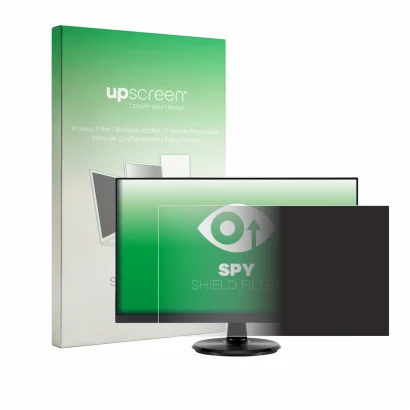 Parte frontale di una confezione del prodotto con il logo del marchio upscreen. Accanto è raffigurato il dispositivo Asus VA24