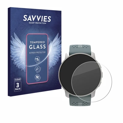 Parte frontale di una confezione del prodotto con il logo del marchio Savvies. Accanto è raffigurato il dispositivo Suunto 9 P