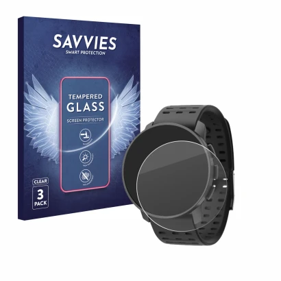 Parte frontale di una confezione del prodotto con il logo del marchio Savvies. Accanto è raffigurato il dispositivo Suunto 9 P