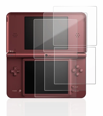 Immagine del dispositivo Nintendo DSi XL con un'ampia varietà di protezioni per lo schermo.