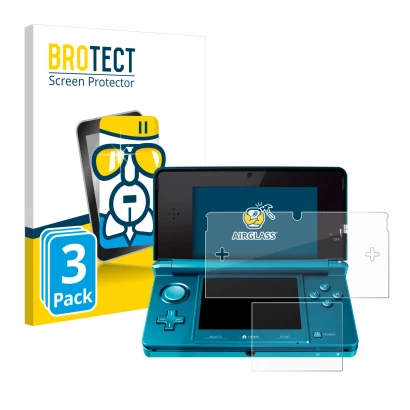 Parte frontale di una confezione del prodotto con il logo del marchio BROTECT. Accanto è raffigurato il dispositivo Nintendo 3