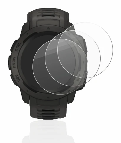 Immagine del dispositivo Garmin Instinct con un'ampia varietà di protezioni per lo schermo.
