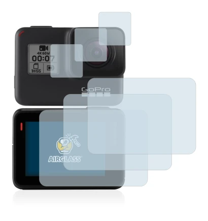 Immagine del dispositivo GoPro Hero 7 Black con un'ampia varietà di protezioni per lo schermo.