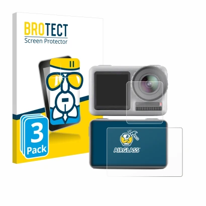 Parte frontale di una confezione del prodotto con il logo del marchio BROTECT. Accanto è raffigurato il dispositivo DJI Osmo A