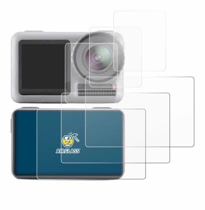 Immagine del dispositivo DJI Osmo Action con un'ampia varietà di protezioni per lo schermo.