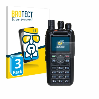 Parte frontale di una confezione del prodotto con il logo del marchio BROTECT. Accanto è raffigurato il dispositivo AnyTone AT