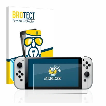 Parte frontale di una confezione del prodotto con il logo del marchio BROTECT. Accanto è raffigurato il dispositivo Nintendo S