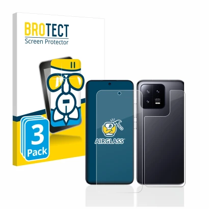 Parte frontale di una confezione del prodotto con il logo del marchio BROTECT. Accanto è raffigurato il dispositivo Xiaomi 13 