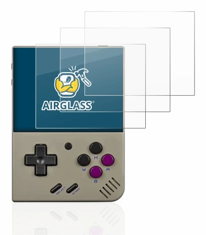 Immagine del dispositivo Miyoo Mini Plus con un'ampia varietà di protezioni per lo schermo.