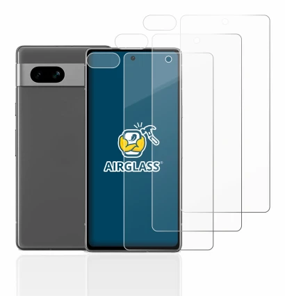 Immagine del dispositivo Google Pixel 7a (Fronte+Fotocamera) con un'ampia varietà di protezioni per lo schermo.