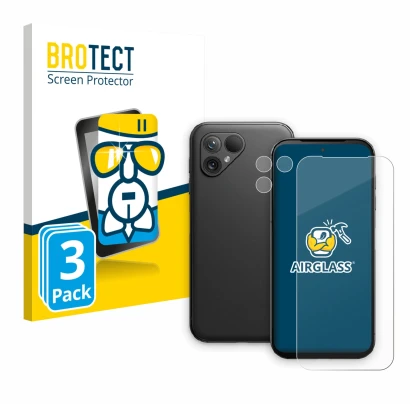 Parte frontale di una confezione del prodotto con il logo del marchio BROTECT. Accanto è raffigurato il dispositivo Fairphone
