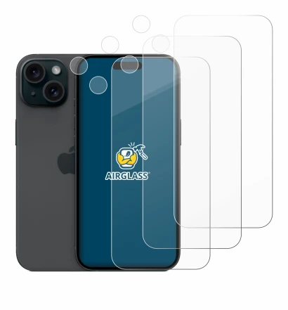 Immagine del dispositivo Apple iPhone 15 (Fronte+Fotocamera) con un'ampia varietà di protezioni per lo schermo.