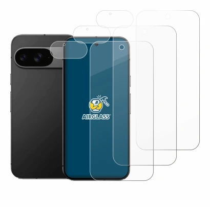 Immagine del dispositivo Google Pixel 9 (Fronte+Fotocamera) con un'ampia varietà di protezioni per lo schermo.
