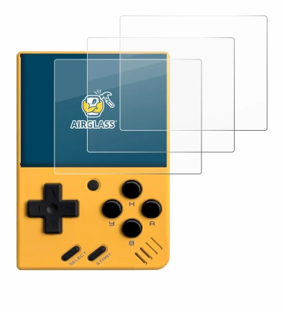 Immagine del dispositivo Miyoo Mini V4 con un'ampia varietà di protezioni per lo schermo.