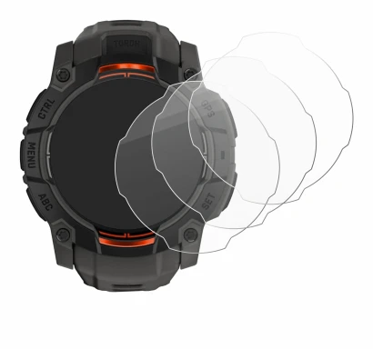 Immagine del dispositivo Garmin Instinct 3 Solar (50 mm) con un'ampia varietà di protezioni per lo schermo.