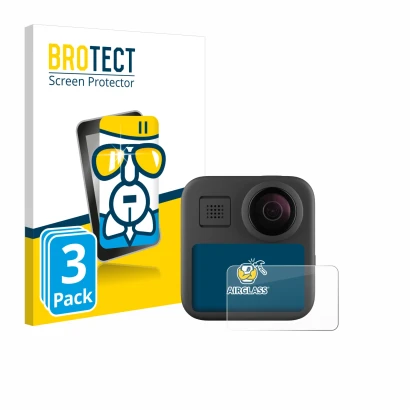 Parte frontale di una confezione del prodotto con il logo del marchio BROTECT. Accanto è raffigurato il dispositivo GoPro Max 