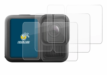 Immagine del dispositivo GoPro Hero 13 Black Ultra Wide Edition con un'ampia varietà di protezioni per lo schermo.