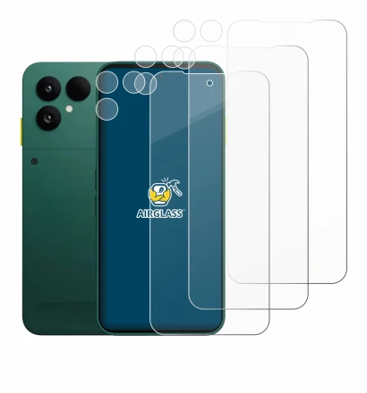 Immagine del dispositivo Fairphone 6 (Fronte+Fotocamera) con un'ampia varietà di protezioni per lo schermo.