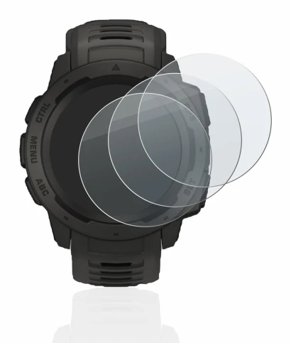 Immagine del dispositivo Garmin Instinct con un'ampia varietà di protezioni per lo schermo.