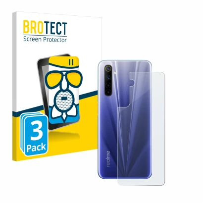 Parte frontale di una confezione del prodotto con il logo del marchio BROTECT. Accanto è raffigurato il dispositivo realme 6 (