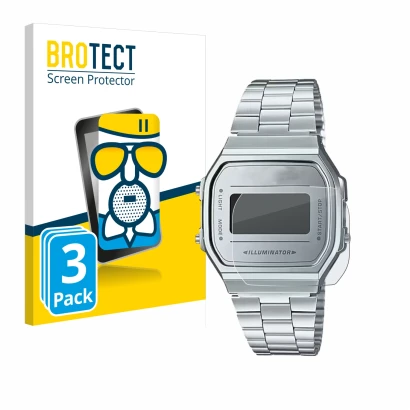 Parte frontale di una confezione del prodotto con il logo del marchio BROTECT. Accanto è raffigurato il dispositivo Casio A168