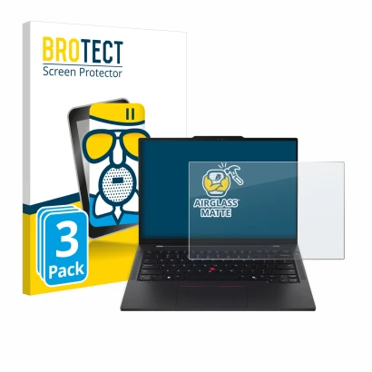 Parte frontale di una confezione del prodotto con il logo del marchio BROTECT. Accanto è raffigurato il dispositivo Lenovo Thi