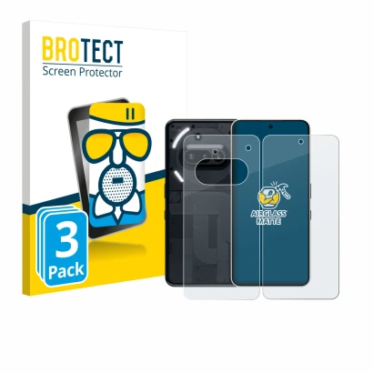 Parte frontale di una confezione del prodotto con il logo del marchio BROTECT. Accanto è raffigurato il dispositivo Nothing Ph