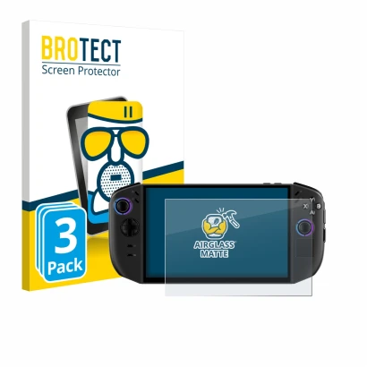 Parte frontale di una confezione del prodotto con il logo del marchio BROTECT. Accanto è raffigurato il dispositivo Lenovo Leg