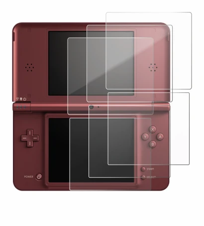 Immagine del dispositivo Nintendo DSi XL con un'ampia varietà di protezioni per lo schermo.