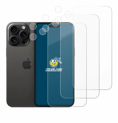 Immagine del dispositivo Apple iPhone 15 Pro Max (Fronte+Fotocamera) con un'ampia varietà di protezioni per lo schermo.