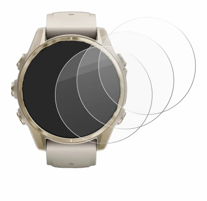 Immagine del dispositivo Garmin Fenix 8 (43 mm) con un'ampia varietà di protezioni per lo schermo.