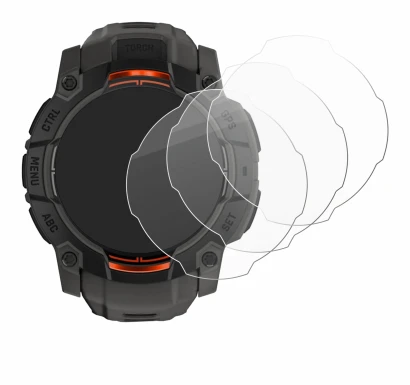 Immagine del dispositivo Garmin Instinct 3 Solar (50 mm) con un'ampia varietà di protezioni per lo schermo.
