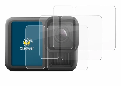 Immagine del dispositivo GoPro Hero 13 Black Ultra Wide Edition con un'ampia varietà di protezioni per lo schermo.