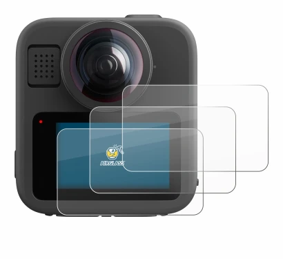 Immagine del dispositivo GoPro Max 2 con un'ampia varietà di protezioni per lo schermo.