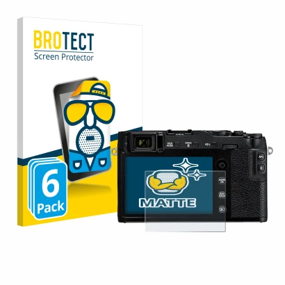 Parte frontale di una confezione del prodotto con il logo del marchio BROTECT. Accanto è raffigurato il dispositivo Fujifilm X