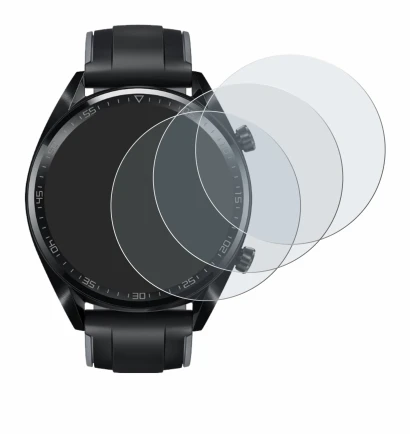 Immagine del dispositivo Huawei Watch GT (46 mm) 2018 con un'ampia varietà di protezioni per lo schermo.