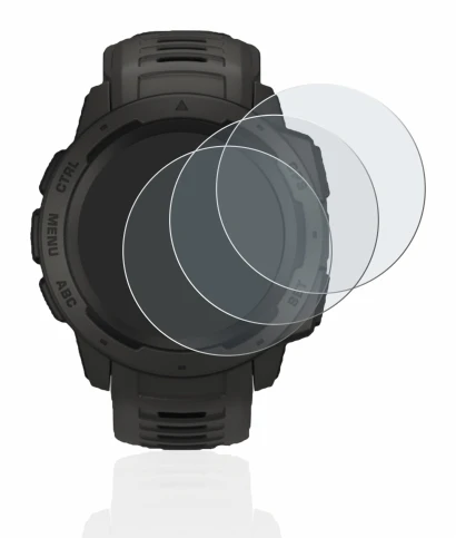 Immagine del dispositivo Garmin Instinct con un'ampia varietà di protezioni per lo schermo.