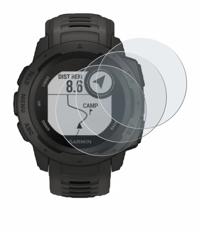 Immagine del dispositivo Garmin Instinct Tactical Edition con un'ampia varietà di protezioni per lo schermo.