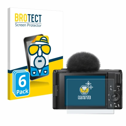 Parte frontale di una confezione del prodotto con il logo del marchio BROTECT. Accanto è raffigurato il dispositivo Sony ZV-1F