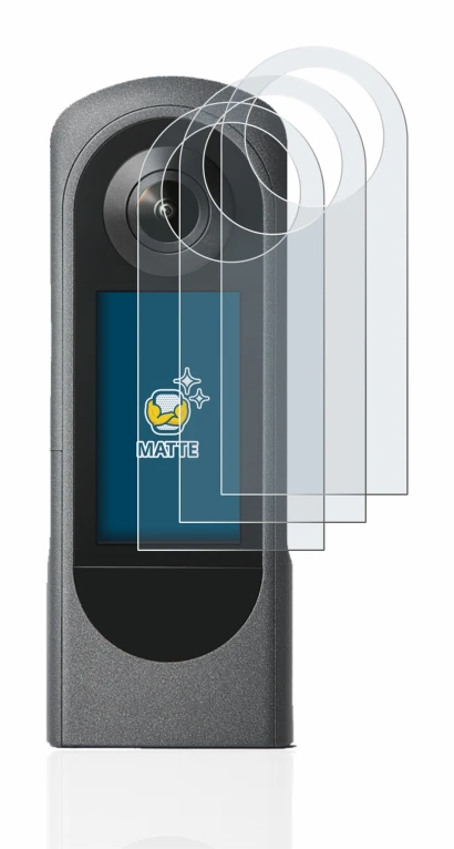 Immagine del dispositivo Ricoh Theta X con un'ampia varietà di protezioni per lo schermo.