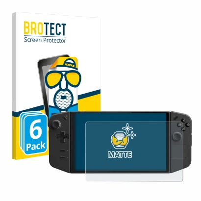 Parte frontale di una confezione del prodotto con il logo del marchio BROTECT. Accanto è raffigurato il dispositivo Lenovo Leg