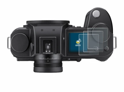 Immagine del dispositivo Leica SL3-S (display a spalla) con un'ampia varietà di protezioni per lo schermo.