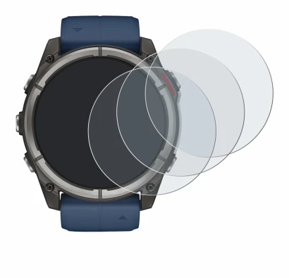Immagine del dispositivo Garmin quatix 8 (51 mm) con un'ampia varietà di protezioni per lo schermo.
