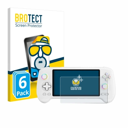 Parte frontale di una confezione del prodotto con il logo del marchio BROTECT. Accanto è raffigurato il dispositivo Anbernic R