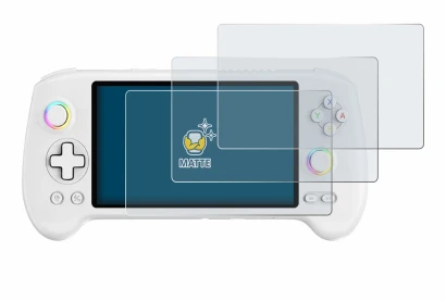 Immagine del dispositivo Anbernic RG557 con un'ampia varietà di protezioni per lo schermo.