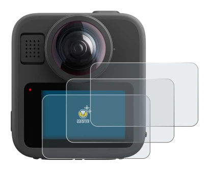Immagine del dispositivo GoPro Max 2 con un'ampia varietà di protezioni per lo schermo.