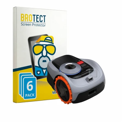 Parte frontale di una confezione del prodotto con il logo del marchio BROTECT. Accanto è raffigurato il dispositivo Navimow i1
