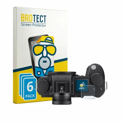 Parte frontale di una confezione del prodotto con il logo del marchio BROTECT. Accanto è raffigurato il dispositivo Leica SL3-