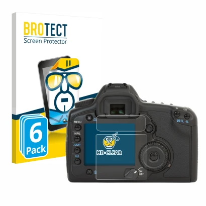 Parte frontale di una confezione del prodotto con il logo del marchio BROTECT. Accanto è raffigurato il dispositivo Canon EOS