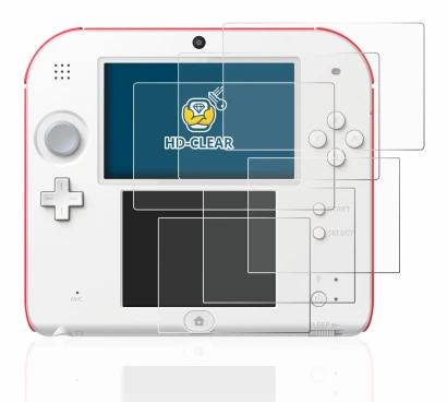 Immagine del dispositivo Nintendo 2DS con un'ampia varietà di protezioni per lo schermo.
